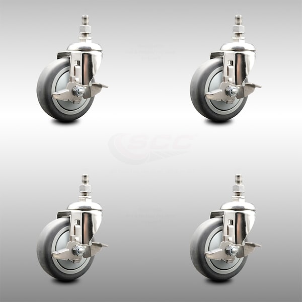 Service Caster 4 Inch 316SS Thermoplastic Rubber Swivel 1/2 Inch Threaded Stem Caster Set Brake SCC-SS316TS20S414-TPRB-TLB-121315-4 - main